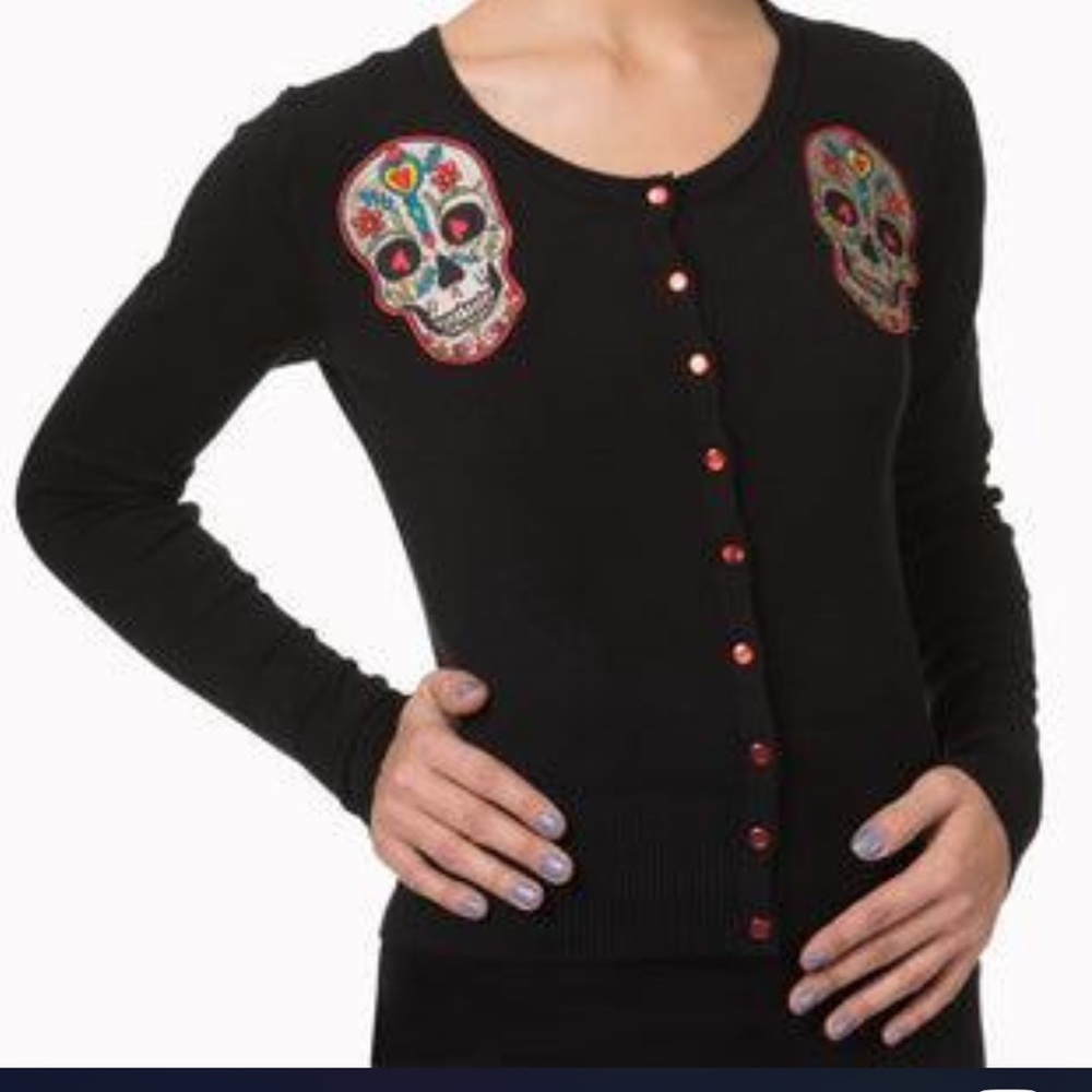 Sourpuss PINK candy skull Day of the Dead Black Cardigan MEDIUM 💀 goth